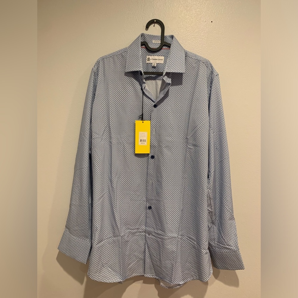Christian Lacroix Patterned Man Blue Button Down, size M 15 1/2 contemporary fit